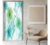 3D Door Mural Sticker for Interior Doors, Waterproof Self-Adhesive PVC Door Stickers Wall Decoration - Watercolor Blue Green Flowers Line Art Door Poster Stickers for Bedroom, 77 x 200 cm