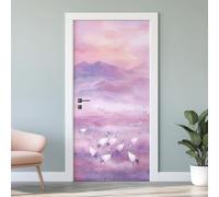 3D Door Sticker Bird Mountain Wallpaper Chinese Watercolor Door Stickers Self Adhesive Removable Red-Crowned Crane Door Decals for Bedroom Living Room Decoration Vinyl Murals 86x200 cm S3g41