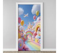 3D Door Sticker Children Amusement Park Wallpaper Rainbow Castle Road Door Stickers Self Adhesive Removable Baby Kid Door Decals for Bedroom Living Room Decoration Vinyl Murals 95x215 cm H6l34
