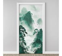 3D Door Sticker Clouds Mountain River Birds Wallpaper Landscape Painting Door Stickers Self Adhesive Removable Dark Green Door Decals for Bedroom Living Room Decoration Vinyl Murals 95x215 cm P5j164