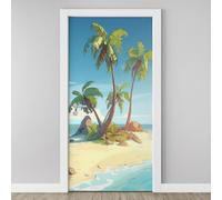 3D Door Sticker Coconut Tree Rock Wallpaper Beach Coast Wave Door Stickers Self Adhesive Removable Ocean Island Scenery Door Decals for Bedroom Living Room Decoration Vinyl Murals 95x215 cm Y4d14