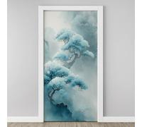 3D Door Sticker Foggy Pine Trees Wallpaper Cyan Ink Painting Door Stickers Self Adhesive Removable Chinese Landscape Door Decals for Bedroom Living Room Decoration Vinyl Murals 95x215 cm A5j89