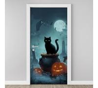 3D Door Sticker Halloween Jack-O-Lantern Wallpaper Cat Ghost Full Moon Door Stickers Self Adhesive Removable Mystery Weird Door Decals for Bedroom Living Room Decoration Vinyl Murals 95x215 cm O4d59