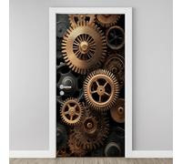 3D Door Sticker Metallic Gear Wallpaper Modern Clock Mechanism Door Stickers Self Adhesive Removable Mechanical Industrial Door Decals for Bedroom Living Room Decoration Vinyl Murals 95x215 cm O4d169
