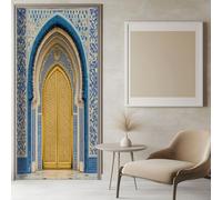 3D Door Sticker Peel and Stick Moroccan Style Golden Door 85x215 cm Murals Self-Adhesive Inner Room Wallpaper Wall Murals Blue, Waterproof PVC Door Decal for Bedroom Decor