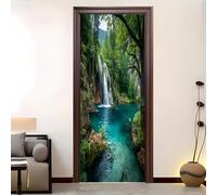 3D Door Sticker Peel and Stick Murals Jungle Waterfall Plants Self-Adhesive PVC Door Sticker Green Waterproof Door Wallpaper for Home Bedroom Decor 82x200 cm