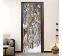 3D Door Sticker Peel and Stick Murals Snow Animal Tiger Self-Adhesive PVC Door Sticker White Waterproof Door Wallpaper for Home Bedroom Decor 82x200 cm