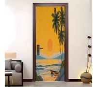 3D Door Sticker Peel and Stick Murals Sunset Boat Waves Self-Adhesive PVC Door Sticker Yellow Waterproof Door Wallpaper for Home Bedroom Decor 88x200 cm