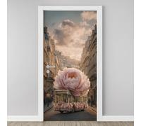 3D Door Sticker Pink Peony Floral Bus Wallpaper City Building Door Stickers Self Adhesive Removable Romantic Flowers Street Door Decals for Bedroom Living Room Decoration Vinyl Murals 95x215 cm P5j59