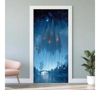 3D Door Sticker Starry City Architecture Wallpaper Arched Bridge River Door Stickers Self Adhesive Removable Magic Sci-Fi Door Decals for Bedroom Living Room Decoration Vinyl Murals 95x215 cm L4j139