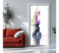 3D Door Sticker Stones Purple Orchid 90x210 cm Photo Wall Murals Wallpaper White Removable Self-Adhesive Murals for Bedroom Door Living Room Office Wall Stickers