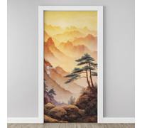 3D Door Sticker Sunrise Mountain Pine Wallpaper Chinese Landscape Painting Door Stickers Self Adhesive Removable Oriental Door Decals for Bedroom Living Room Decoration Vinyl Murals 95x215 cm A5j94