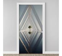 3D Door Sticker Triangle Tunnel Tree Wallpaper Bridge Architecture Door Stickers Self Adhesive Removable Futuristic Door Decals for Bedroom Living Room Decoration Vinyl Murals 95x215 cm U2e124