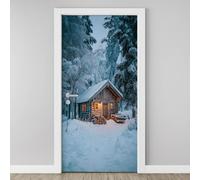3D Door Sticker Wooden Cabin Snow Scene Wallpaper Tree Woodland Door Stickers Self Adhesive Removable Natural Landscape Door Decals for Bedroom Living Room Decoration Vinyl Murals 95x215 cm O4d149
