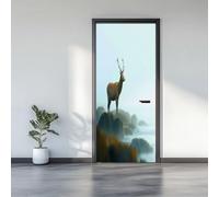 3D Door Stickers 77 x 200 cm, Animals Deer Rocks Removable DIY Renovation Wallpaper, Art Door Stickers for Bedroom Living Room Bathroom House Decoration, Light Blue