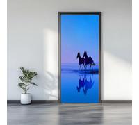 3D Door Stickers 77 x 200 cm, Animals Horse Beach Removable DIY Renovation Wallpaper, Art Door Stickers for Bedroom Living Room Bathroom House Decoration, Blue