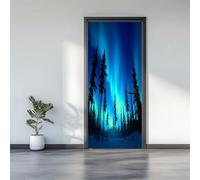 3D Door Stickers 77 x 200 cm, Dreamlike Forest Aurora Removable DIY Renovation Wallpaper, Art Door Stickers for Bedroom Living Room Bathroom House Decoration, Blue