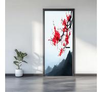 3D Door Stickers 77 x 200 cm, Ink Painting Plum Blossoms Mountains Removable DIY Renovation Wallpaper, Art Door Stickers for Bedroom Living Room Bathroom House Decoration, Light Blue