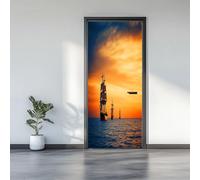 3D Door Stickers 77 x 200 cm, Nautical Theme Sailboat Sunset Removable DIY Renovation Wallpaper, Art Door Stickers for Bedroom Living Room Bathroom House Decoration, Orange