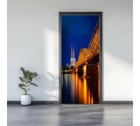 3D Door Stickers 77 x 200 cm, Photography Modern Architecture Removable DIY Renovation Wallpaper, Art Door Stickers for Bedroom Living Room Bathroom House Decoration, Blue