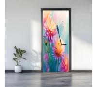 3D Door Stickers 77 x 200 cm, Plants Flowers Dragonflies Removable DIY Renovation Wallpaper, Art Door Stickers for Bedroom Living Room Bathroom House Decoration, Multicolor