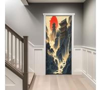 3D Door Stickers 77 x 200 cm, Red Sun Rising from The Top of A Japanese Temple Removable DIY Renovation Wallpaper, Art Door Stickers for Bedroom Living Room Bathroom House Decoration, Bluish Gray