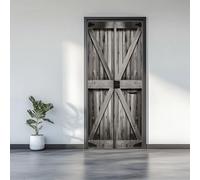 3D Door Stickers 77 x 200 cm, Rustic Style Barn Door Minimal Removable DIY Renovation Wallpaper, Art Door Stickers for Bedroom Living Room Bathroom House Decoration, Gray