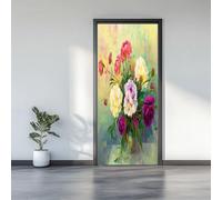 3D Door Stickers 77 x 200 cm, Vintage Flowers Peonies Elegance Removable DIY Renovation Wallpaper, Art Door Stickers for Bedroom Living Room Bathroom House Decoration, Yellow-Green