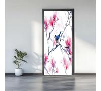 3D Door Stickers 77 x 200 cm, Watercolor Magnolia Flowers Birds Removable DIY Renovation Wallpaper, Art Door Stickers for Bedroom Living Room Bathroom House Decoration, White