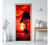 3D Door Stickers 80 x 210 cm, Albizia Julibrissin at Sunset On Grassland Removable DIY Renovation Wallpaper, Art Door Stickers for Bedroom Living Room Bathroom House Decoration, Red