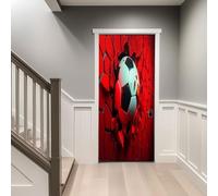 3D Door Stickers 90 x 200 cm, Sports Football Breaking Through The Wall Removable DIY Renovation Wallpaper, Art Door Stickers for Bedroom Living Room Bathroom House Decoration, Red