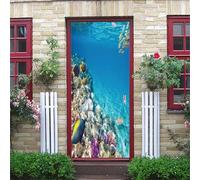 3D Door Stickers for Bedrooms Deep Blue Colorful Coral Reef 95X215Cm Art Door Decals Poster Wallpaper Children Boys Girls Home Living Room Bathroom House Decoration Vinyl Stickers Removable Mural