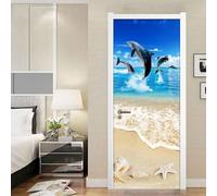3D Door Stickers for Interior Doors Beach Animals Dolphin Landscape 95 X 215 Cm for Kids Background Vinyl Waterproof Self Adhesive Door Mural Decals for Bedroom Office Bathroom Door -3744273202