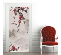 3D Door Stickers for Interior Doors Ink Painting Red Plum Blossoms Door Mural Peel and Stick, Door Stickers Self-Adhesive Removable, for Bedroom Living Room House Decoration 90 X 210 Cm