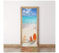 3D Door Stickers Murals Blue and White Shell Beach 95X215Cm Creative 3D Wall Self Adhesive Sticker Decal Removable Waterproof Mural Poster Bedroom Living Room Bathroom House Office Art Decoration
