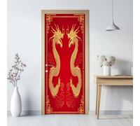 3D Door Stickers Murals Chinese Retro Dragon Pattern Creative Self Adhesive Sticker Decal Art, Red Decor Removable Waterproof Mural Poster Scene Window Door Room Nursery 80 x 200 cm (W x H)