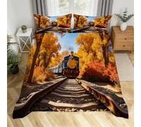 3D Double Bed Bedding Set Steam Trains Duvet Covers Double Bed with 2 Pillowcases Soft Breathable Autumn Theme Quilt Covers 200x200 cm for Girls Kids Adults H.1633