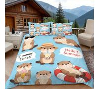 3D Double Duvet Set 3D Printed Cartoon Otter Bedding, Summer Elements Soft Microfibre Duvet Cover Sets Quilt Cover and Pillow Set with Zipper 3 Pcs