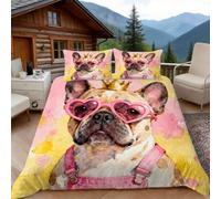 3D Double Duvet Set 3D Printed Cute Bulldog Bedding, Cute Lovely Soft Microfibre Duvet Cover Sets Quilt Cover and Pillow Set with Zipper 3 Pcs