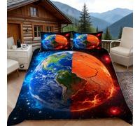 3D Double Duvet Set 3D Printed Fire Ice Earth Bedding, the Planet Soft Microfibre Duvet Cover Sets Quilt Cover and Pillow Set with Zipper 3 Pcs