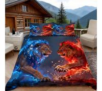3D Double Duvet Set 3D Printed Flame Lion Bedding, Sci-Fi Illustration Soft Microfibre Duvet Cover Sets Quilt Cover and Pillow Set with Zipper 3 Pcs