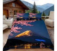 3D Double Duvet Set 3D Printed Japanese Cherry Blossoms Bedding, Japanese Kimono Soft Microfibre Duvet Cover Sets Quilt Cover and Pillow Set with Zipper 3 Pcs