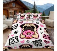 3D Double Duvet Set 3D Printed Pug Bedding, Funny Slogan Soft Microfibre Duvet Cover Sets Quilt Cover and Pillow Set with Zipper 3 Pcs