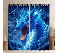 3D Dragon Window Curtains Neon Light Blue Lines Dark Clouds Window Drapes for Kids Teens Adults Magical Mysterious Wild Animal Curtains for Living Room 2 Panels 46Wx54L