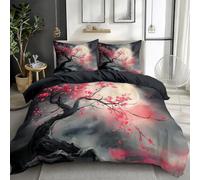 3D Duvet Cover Set Fantasy Style Full Moon Cherry Blossom Tree 3 Pieces Bedding, Black Soft Easy Care Duvet Cover Set 200 x 200 cm with Zipper Closure, Everyone All Season Bedding Set