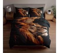 3D Duvet Cover Sets Black Lion with Golden Crown Bedding Double Bed Set - King of The Jungle Theme Soft Microfiber Includes 1 Duvet Cover & 2 Pillowcases Breathable