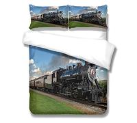 3D Duvet Cover Single Bed Steam Train Bedding Set Single Bed for Children Teens Pattern with 2 Pillowcases Quilt Cover with Zipper Closure 100% Microfiber,140x200 cm(W x L).