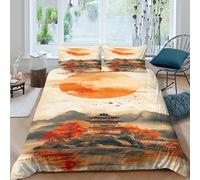 3D Easy Care Microfiber Autumn Temple Comforter Cover Breathable Soft Bedding Set with Pillow Cases East Asian Art Style Duvet Cover Set All Season Washable for Men Women Kids Single（135x200cm）