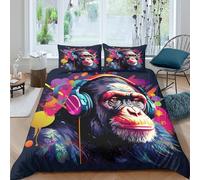 3D Easy Care Microfiber Chimp with headphones Comforter Cover Breathable Soft Bedding Set with Pillow Cases vibrant pop Art_ Duvet Cover Set All Season Washable for Men Women Kids Single（135x200cm）