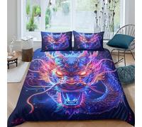 3D Easy Care Microfiber Dragon head Comforter Cover Breathable Soft Bedding Set with Pillow Cases Neon fantasy art Duvet Cover Sets All Season Machine Washable for Men Women Kids Double（200x200cm）